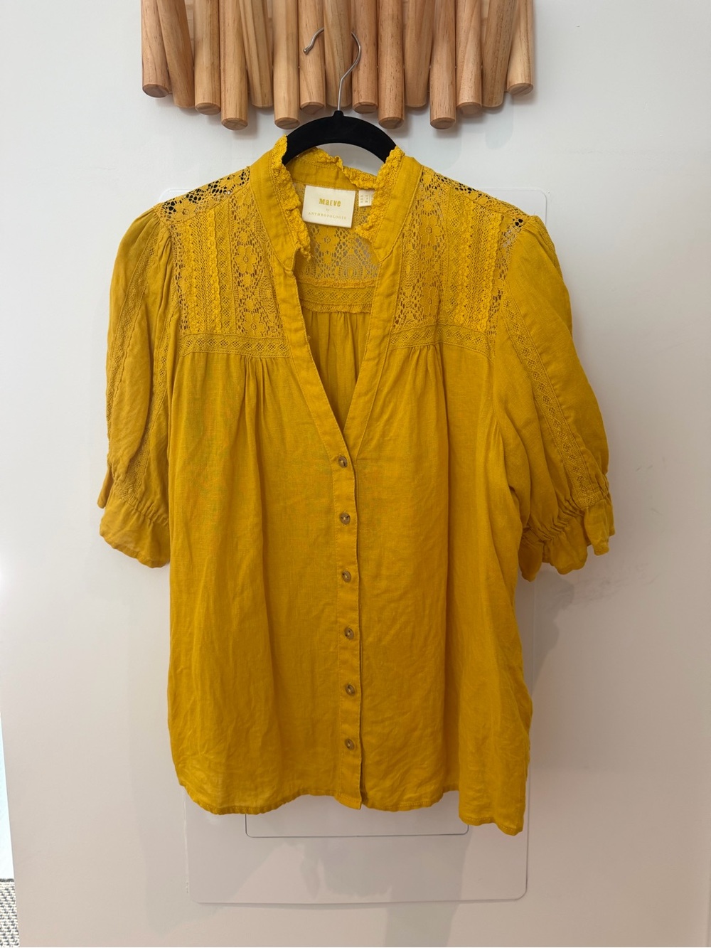 Maeve Mustard Yellow Lace Yoke Button-Front Blouse